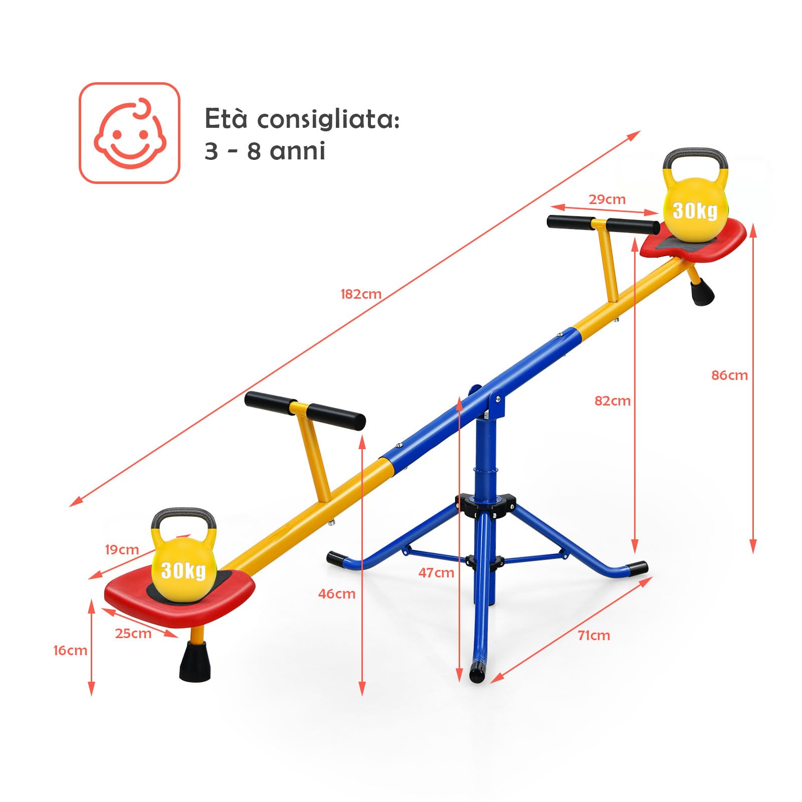 GYMAX Altalena Basculante, Altalena Girevole a 360° per 2 Bambini con Doppia Funzione Oscillante e Ruotante, Struttura Resistente in Acciaio, 182 x 71 x 16-86 cm