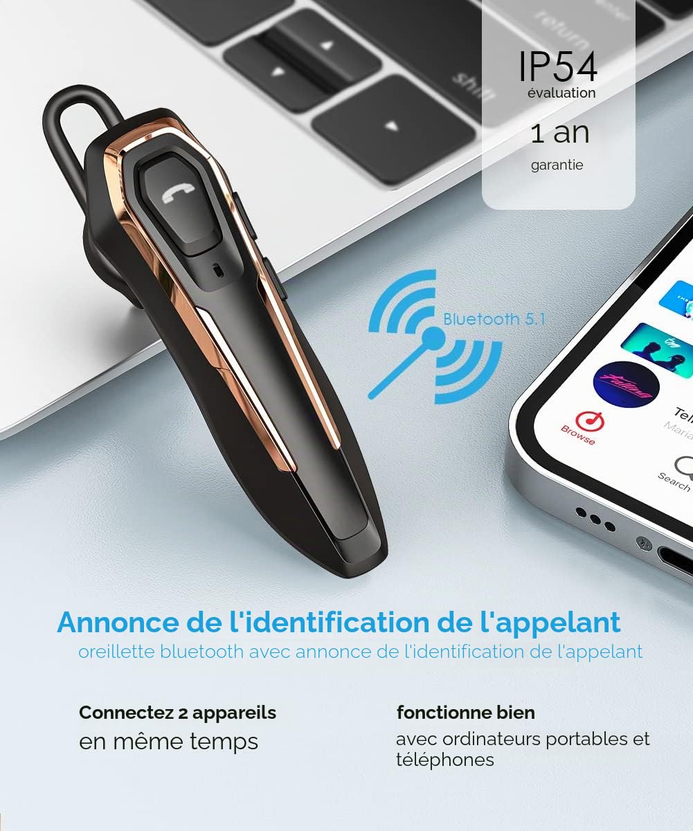 Micool Oreillette Bluetooth sans Fil V5.0, Voix HD réduction du Bruit, Conversation de 30 Heures, Fonction Mute, Assistant Vocal, Casque écouteur Bluetooth Mains Libres pour téléphone Portable