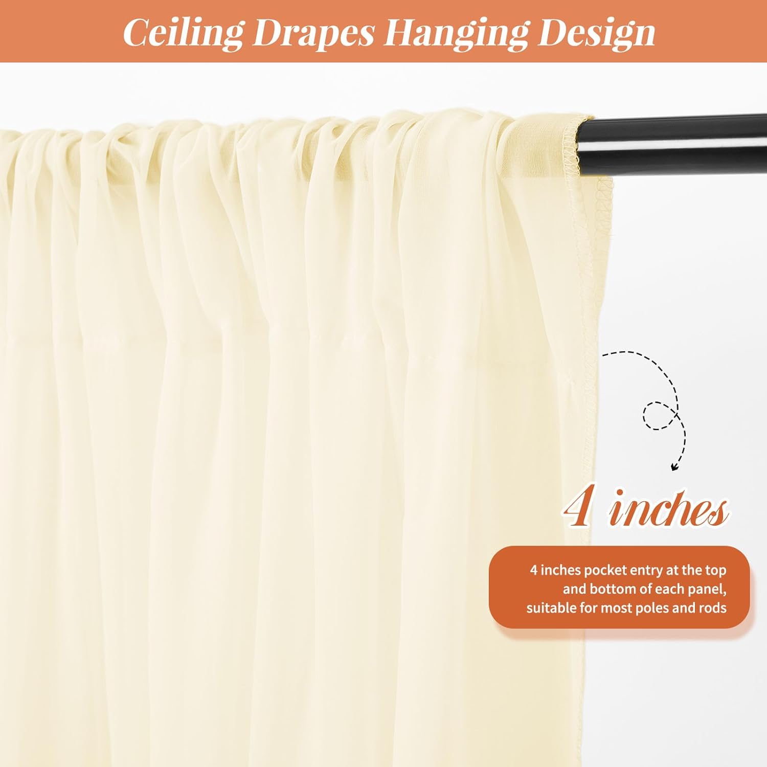 6 Panels Ivory Ceiling Drapes for Wedding 5ftx20ft Wedding Arch Draping Fabric Sheer Curtains Chiffon Drapery Draping for Wedding Ceremony Reception Halls Decorations