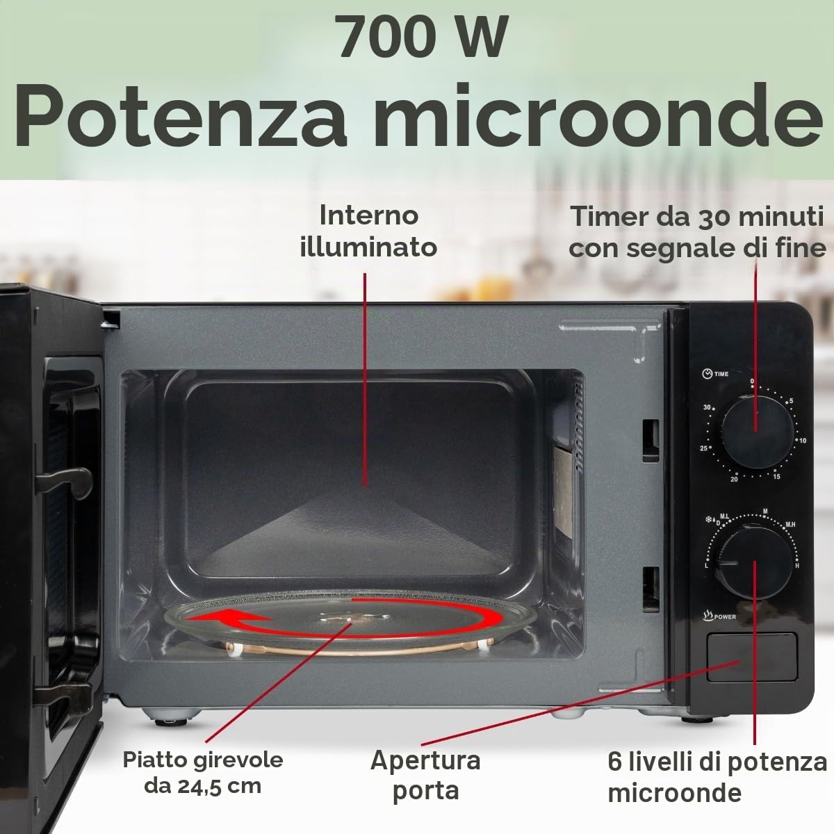 Clatronic® Microonde, 700 Watt, 6 livelli, 20 litri, piatto girevole a 360°, timer con segnale finale, forno a microonde, MW 791, nero