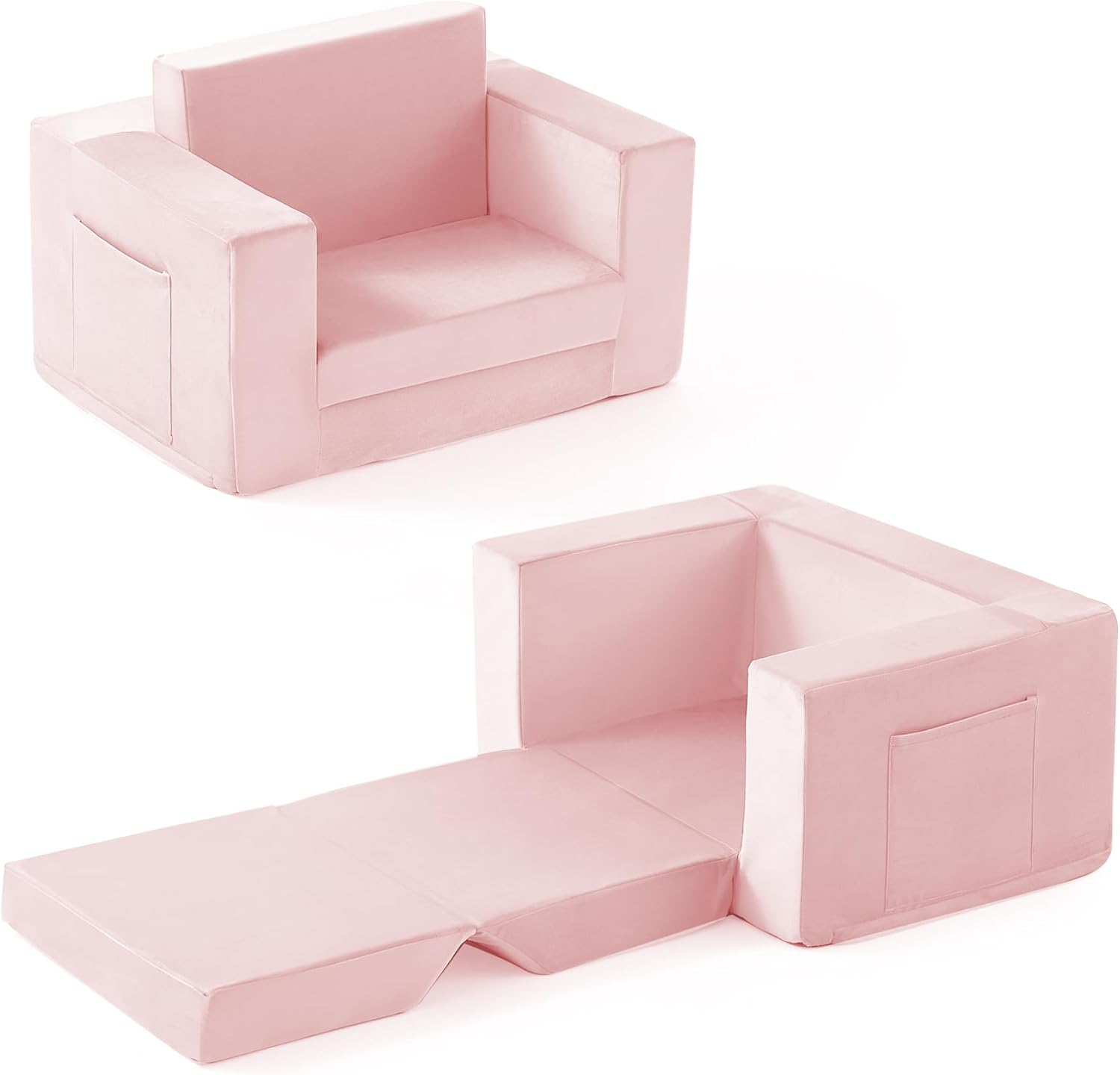 Kids Couch, 2-in-1 Toddler Chair Comfy 1-3 Years, Convertible Kids Chair, Toddler Couch That Fold Out, Kid Lounge Chairs for Boys and Girls Gifts, Kids Recliner, Pink