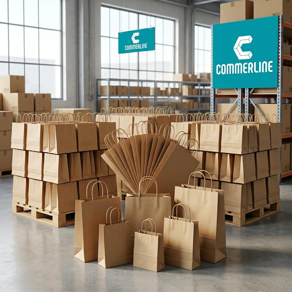 Commerline 100 pezzi Sacchetti di carta marrone con manico, 35+14x36 cm Sacchetti di carta kraft con maniglia in corda, sacchetti di carta per la spesa e il confezionamento, sacchetti regalo per feste
