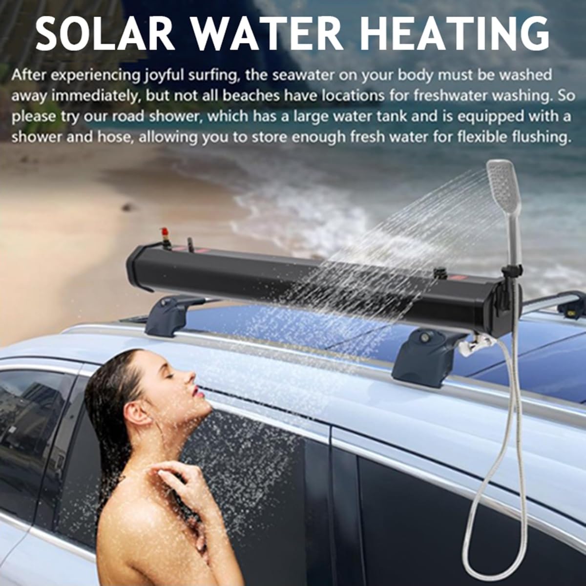Doccia Solare da Campeggio, Doccia da Strada con Montaggio su Portapacchi, Tubo dell'Acqua da 1,5 m e soffione, Serbatoio dell'Acqua autopressurizzato per Veicoli, Camion, berline, Camper