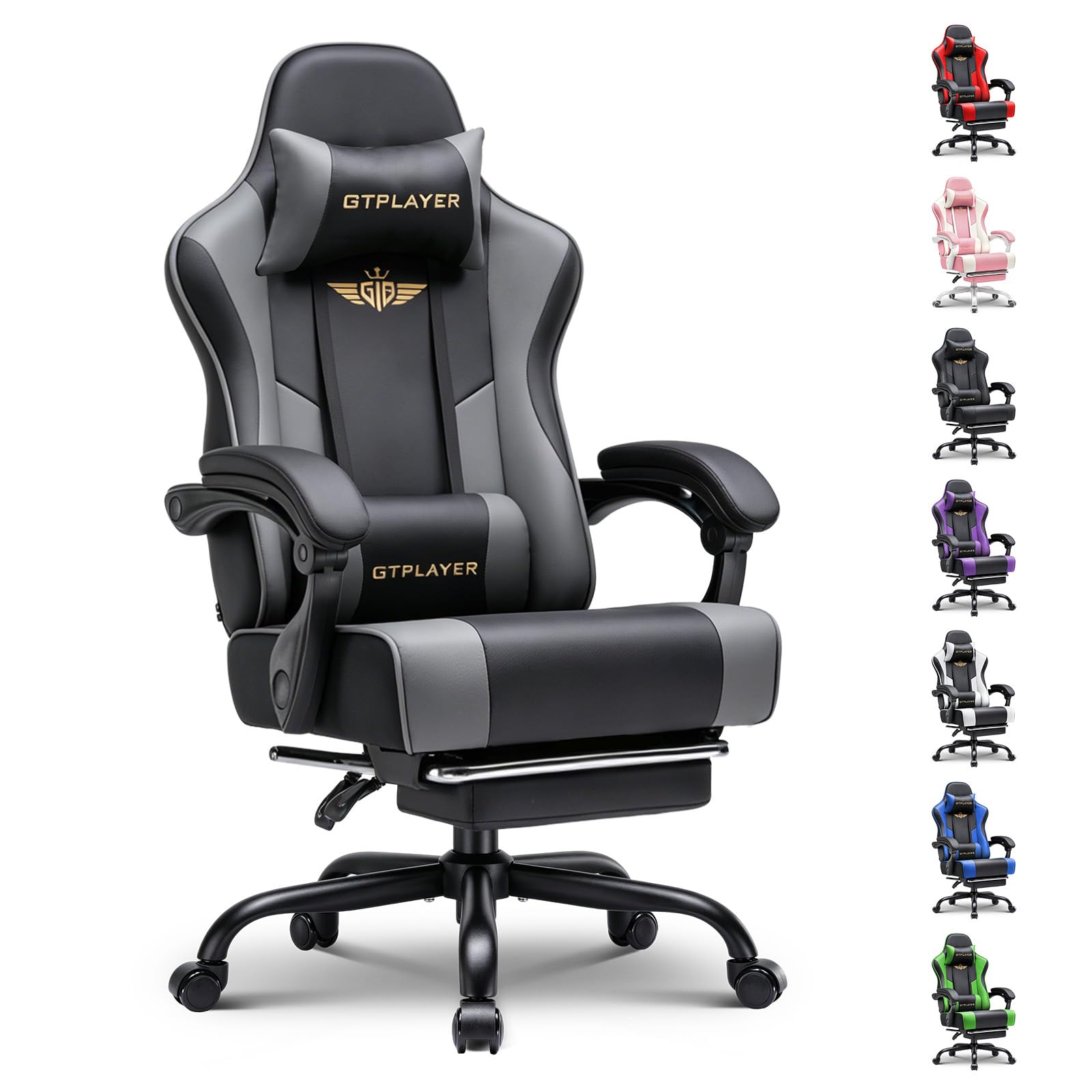 GTPLAYER Gaming Chair for Adults Computer Chairs with Footrest Headrest and Lumbar Support Ergonomic Height Adjustable Reclining PC Chair