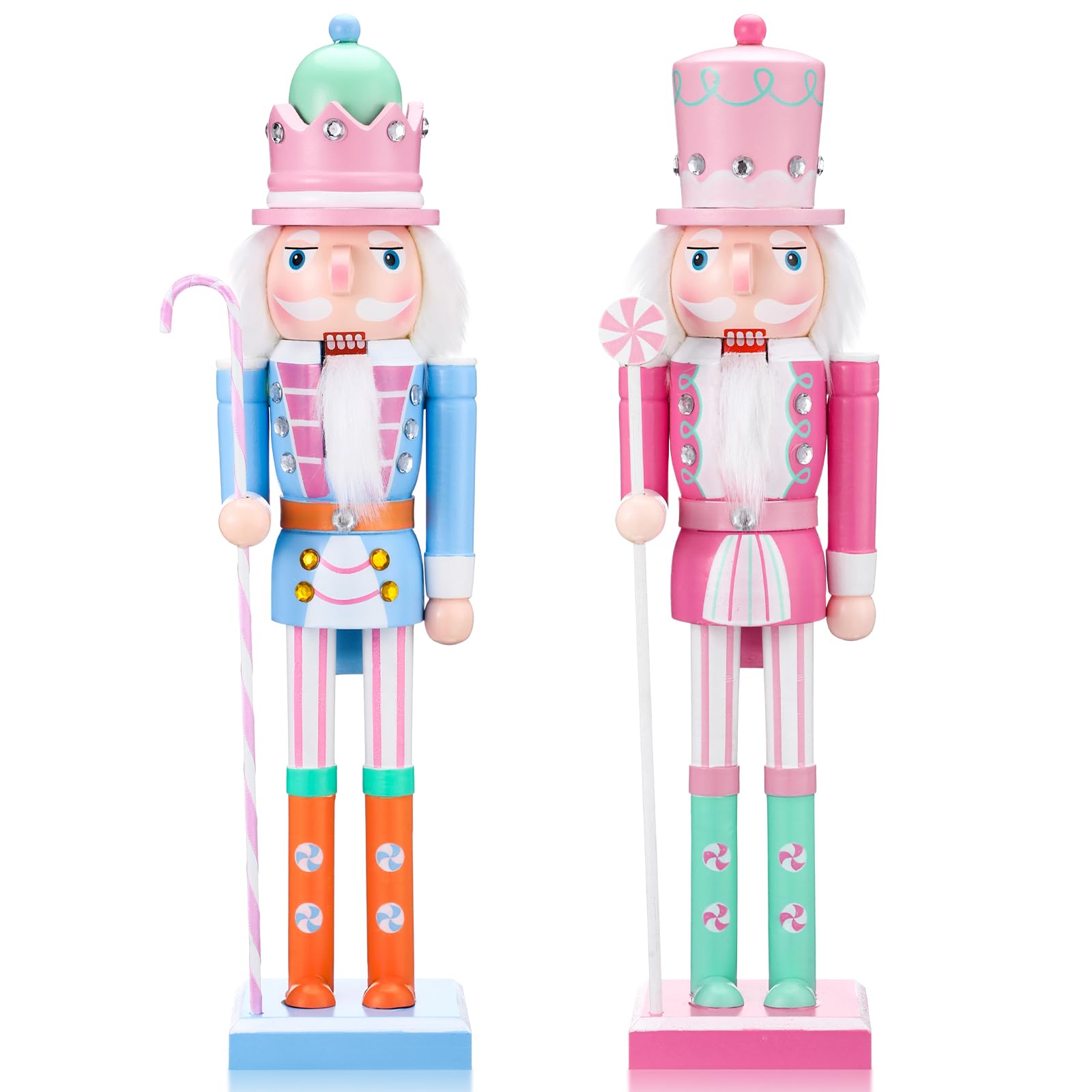 Soaoo 2 Pcs Pastel Nutcracker Christmas Nutcracker Ornament 15''Wooden Pastel Candy Soldier Figures Traditional Nutcrackers Christmas Decor for Desktop Table Collectible Decoration