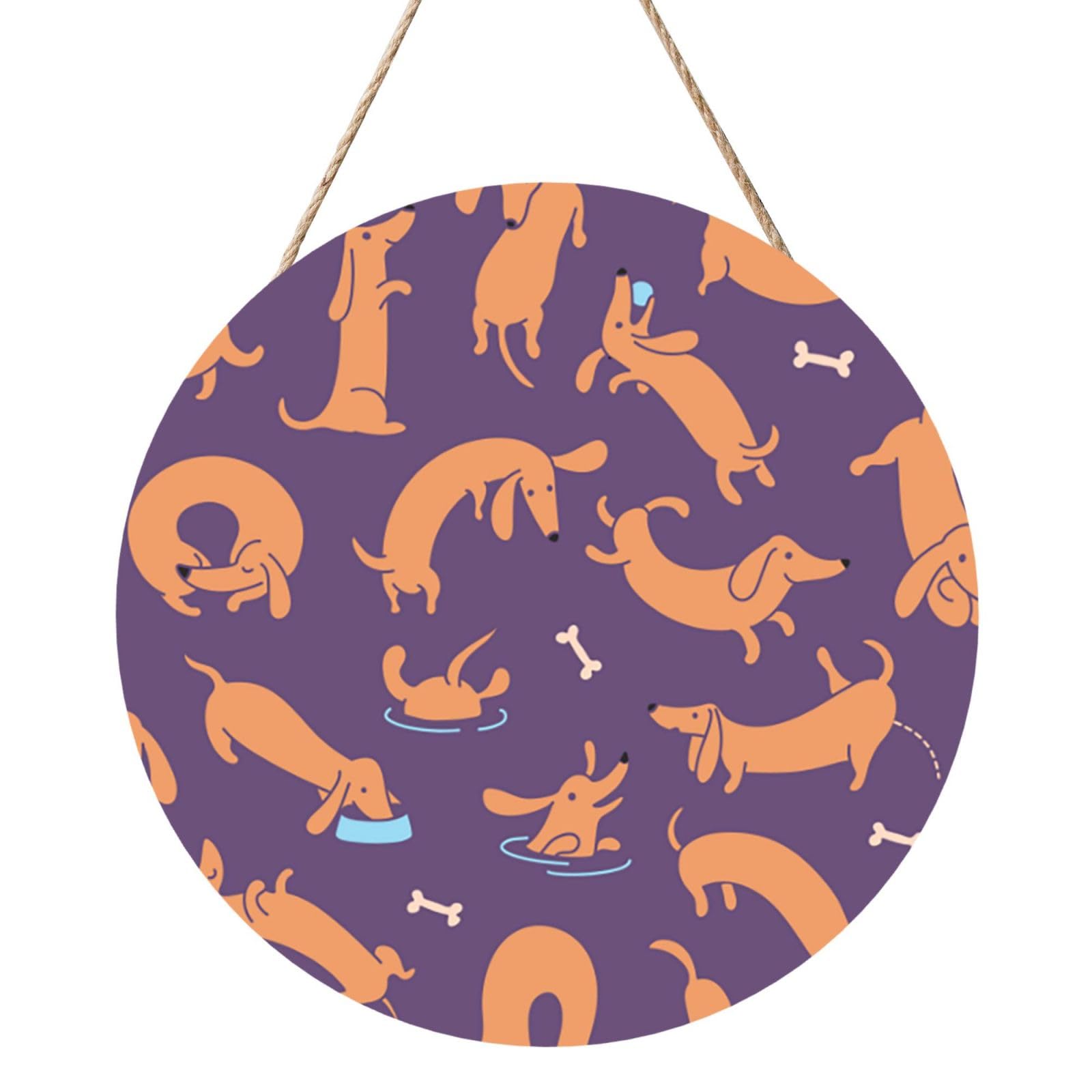 InOmak Playing Dachshund, Round Wood Panel Painting 12 in, Wall Hanging Painting For Home