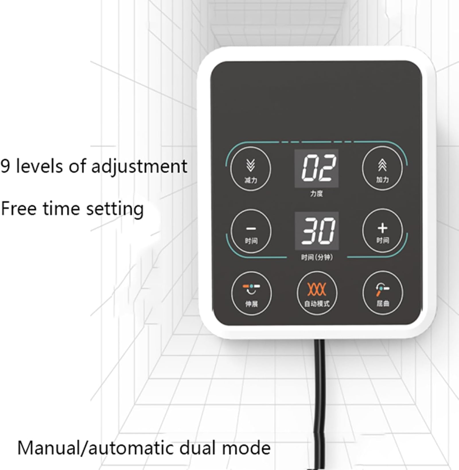 Trener rehabilitacji kolana – urządzenie elektryczne z regulowaną płytką kątową i pilotem zdalnego sterowania, przedłużenie 10°-150°, 9 poziomów intensywności, oparcie w zestawie