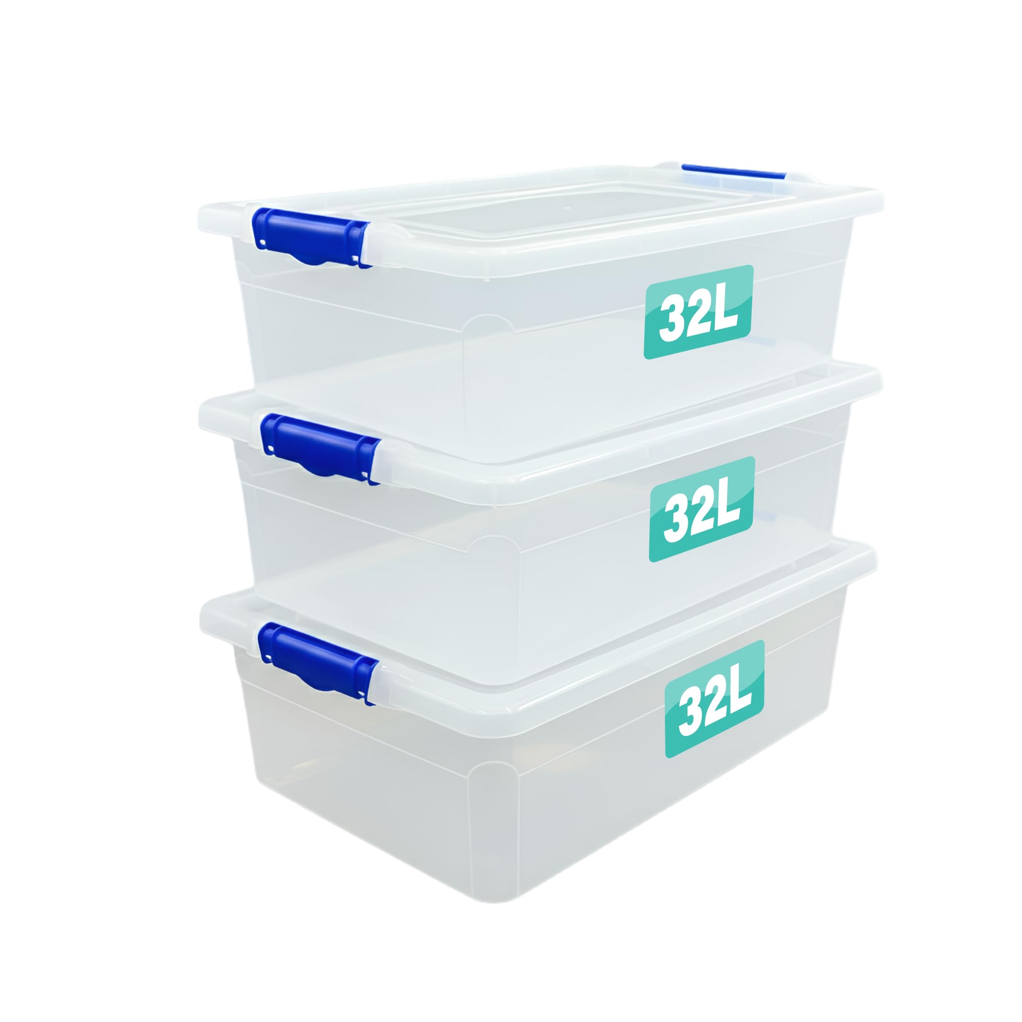 3 x Storage Boxes With Clip Lock Lids Litre Heavy Duty Clear Stackable Lockable Multipurpose Plastic Storage Box Indoor Outdoor Containers Home,Office,Kitchen,Garage (3 x 32 Litre Underbed)