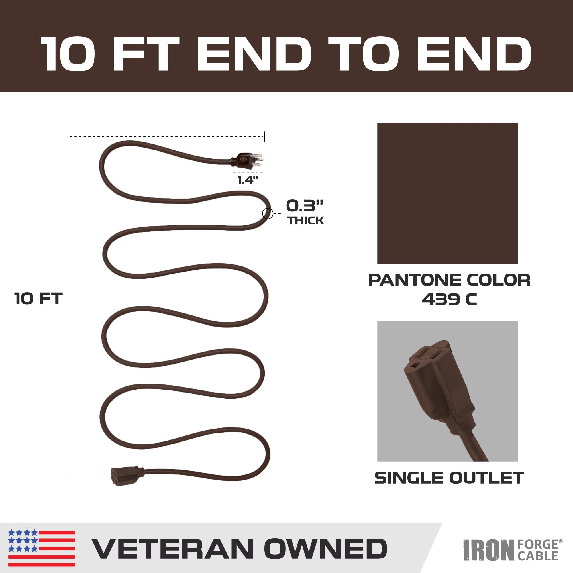 Iron Forge - Cable de extensión café para exteriores de 10 pies, cable resistente 16/3 con enchufe a tierra de 3 puntas para seguridad, 15 amperios para jardín, césped, herramientas y