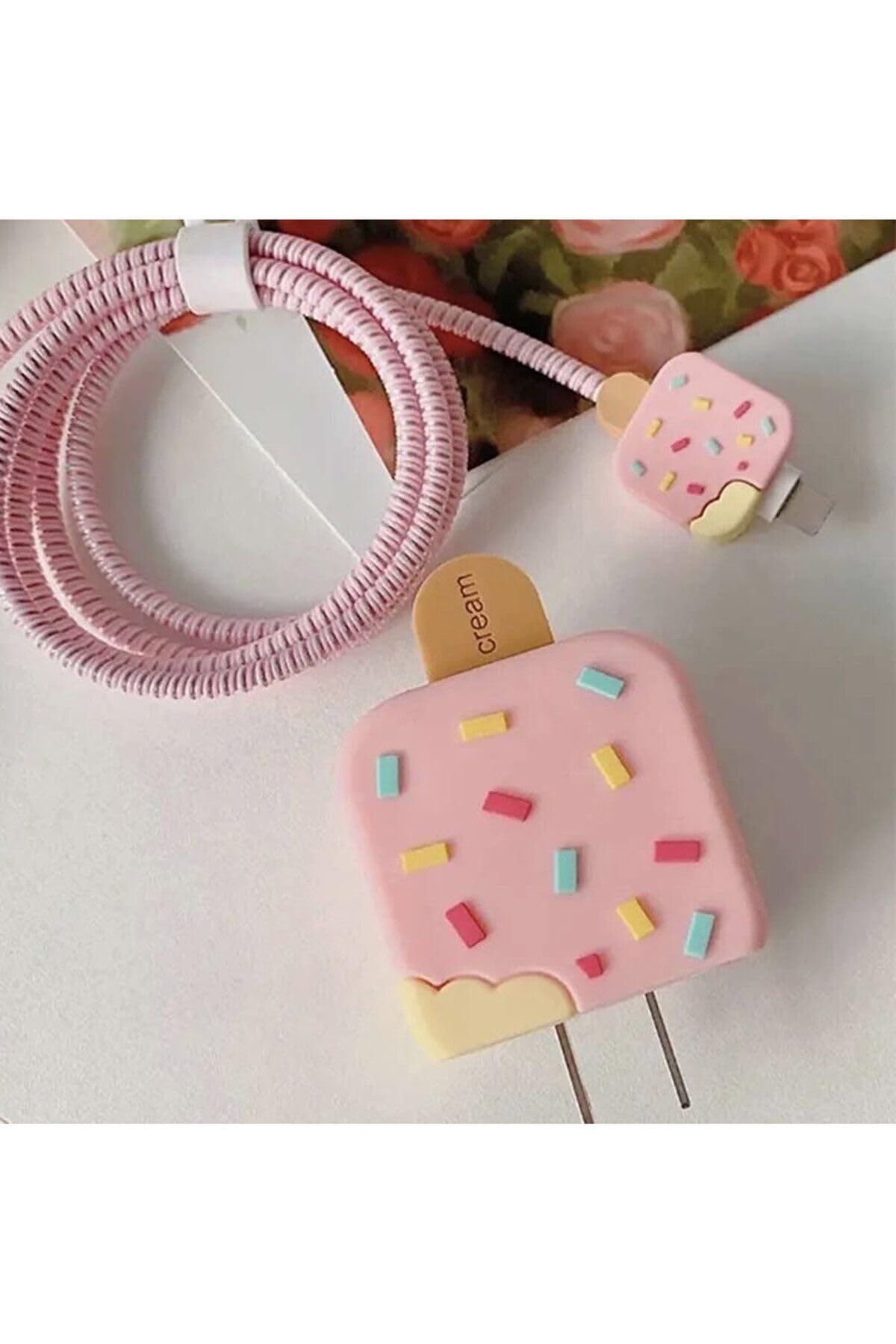 CONSTRAIN iPhone 18W/20W ile uyumlu Pembe Dondurma Şarj Başlığı 3D Şarj Başlığı ve Kablo Koruyucu Set