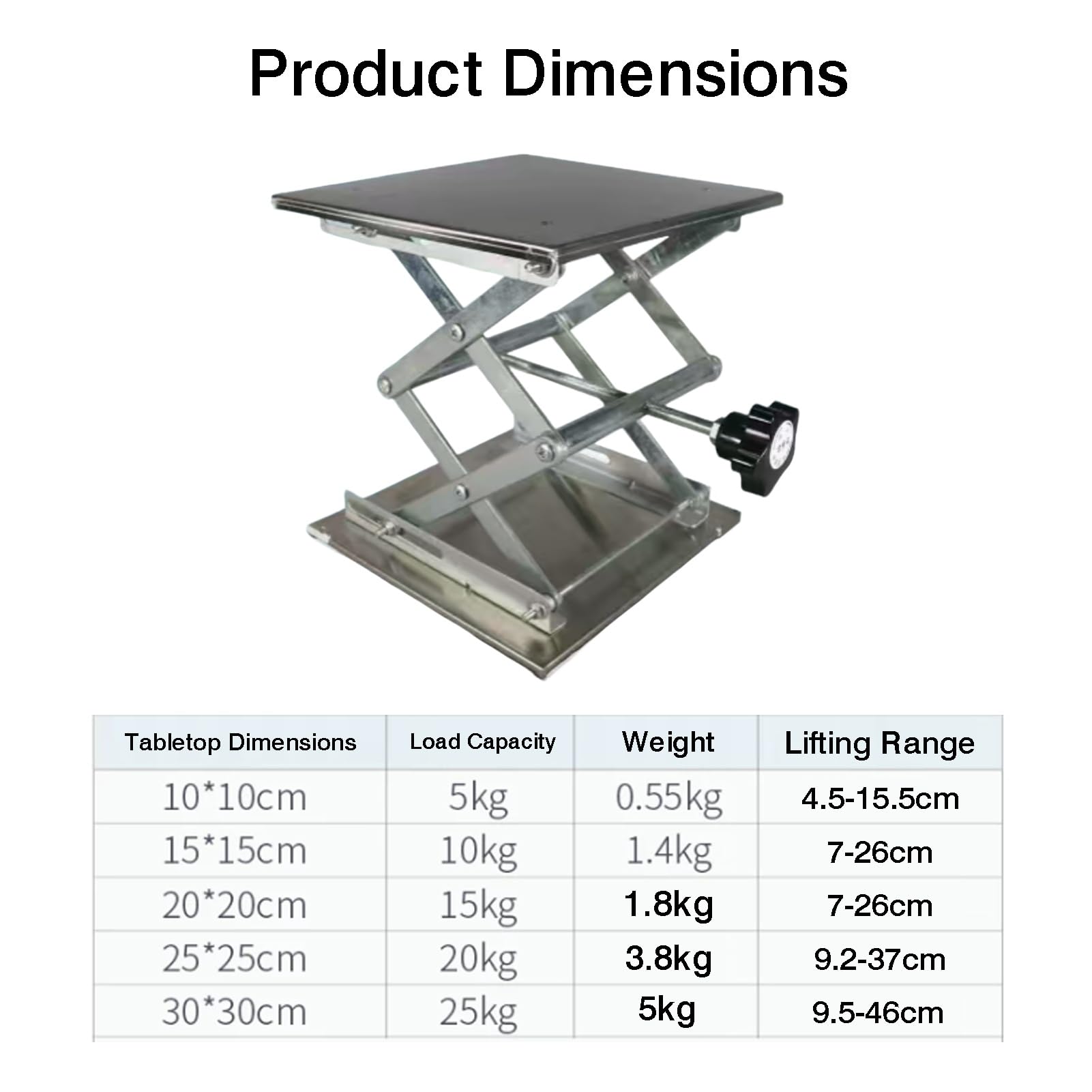 Soporte De Laboratorio Acero Inoxidable,Elevadora Gato Control Manual | Con tapete antideslizante y mango giratorio, rango de altura ajustable de 4,5 a 46 cm(20x20cm)