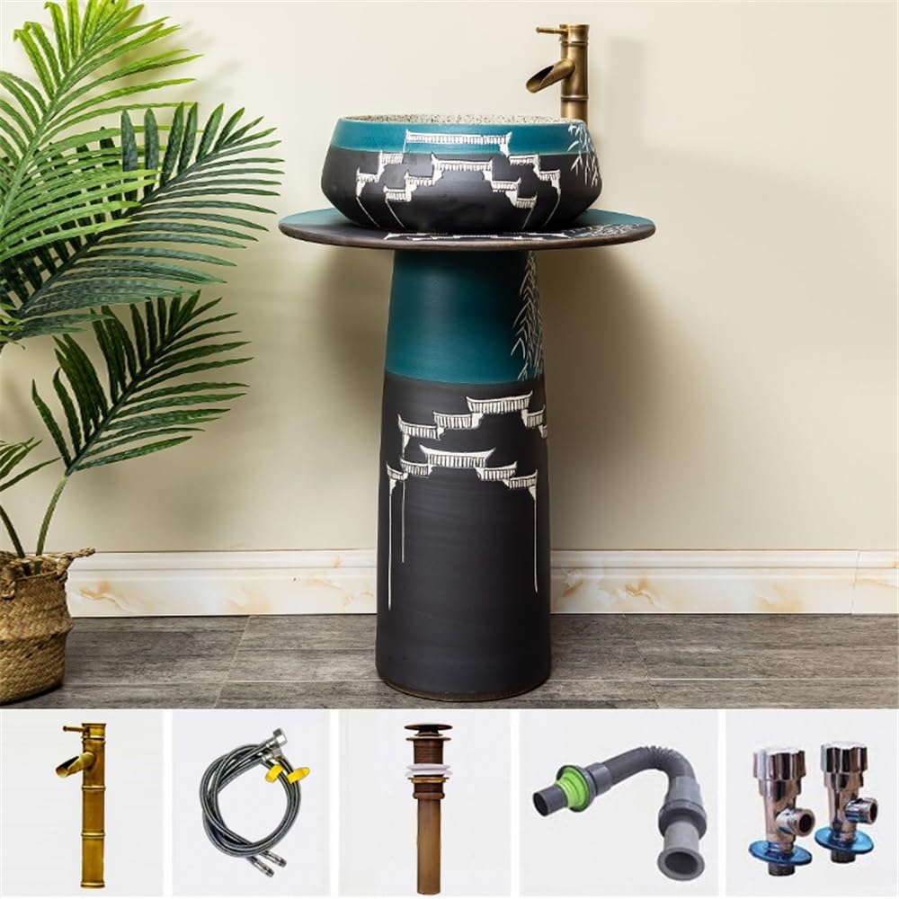Lavello a colonna in ceramica con rubinetto e kit di scarico, elegante lavabo da bagno, design salvaspazio per la casa, eleganza moderna, facile installazione, finitura bianca