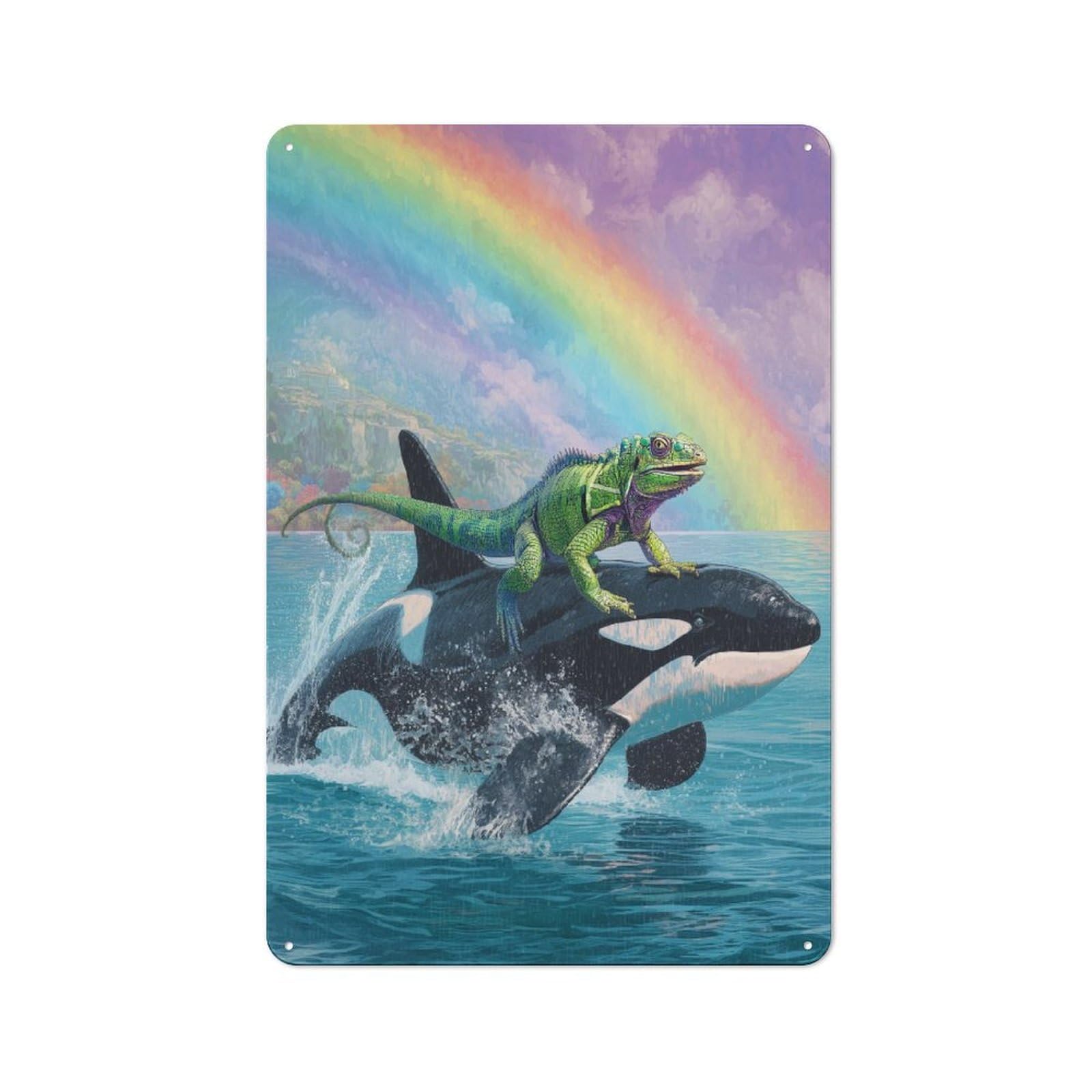 Junmoney Rainbow Lizard On Orca Classic Metal Plaque 30X20cm Featuring Bistro Wall Plaque For Kitchen, Cafe, Pantry Or Dining Room