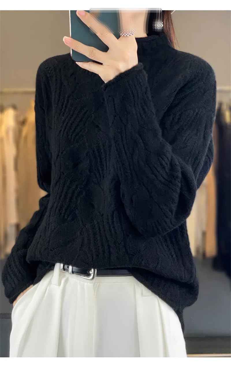 Dninmim Suéter de lana de manga larga con cuello alto para mujer, suéter de punto hueco