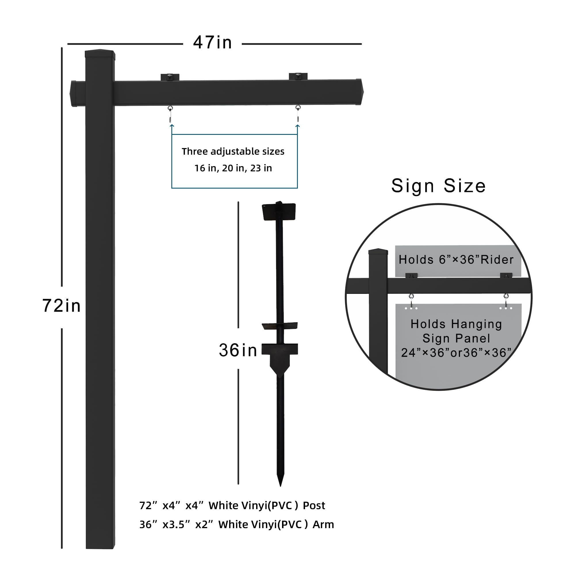 Cartel de vinilo PVC para bienes raíces de 6 pies de alto, poste de letrero de patio de agente inmobiliario, brazo de 47 pulgadas con capacidad para hasta 36 pulgadas, color negro (sin