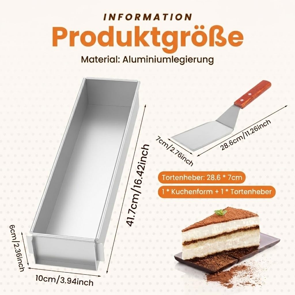 Forma de tiramisú rectangular ajustable con pala para tartas | Marco de aleación de aluminio antiadherente para hornear. Molde ideal para mousse y postres. Fácil de limpiar.