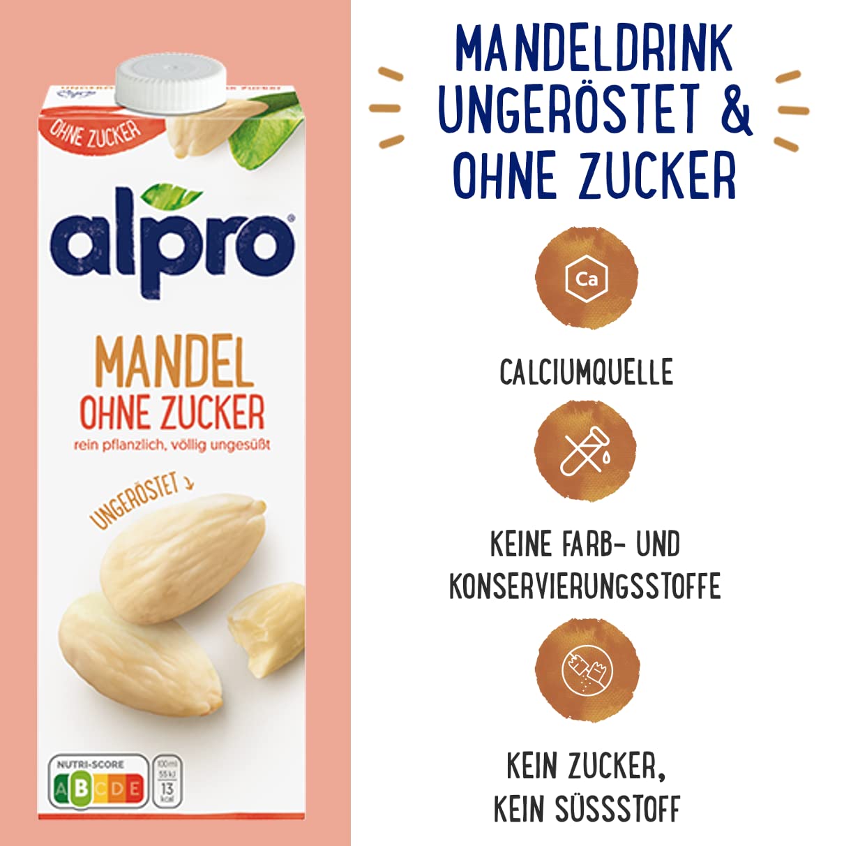 Alpro Mandel-Drink Ohne Zucker, Pflanzlicher Drink, Vegan, 8x1L