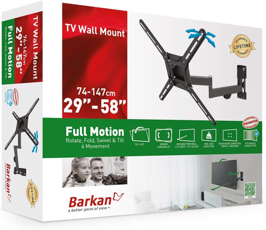 Get Special Price Barkan TV Wall Mount, 29 - 58 inch Full Motion Articulating - 4 Movement Flat / Curved Screen Bracket, Holds up to 55 lbs, Patented, Lifetime Limited Warranty, Fits LED OLED LCD Exclusive Discount 70% Price Barkan TV Wall Mount, 29 - 58 inch Full Motion Articulating - 4 Movement Flat / Curved Screen Bracket, Holds up to 55 lbs, Patented, Lifetime Limited Warranty, Fits LED OLED LCD