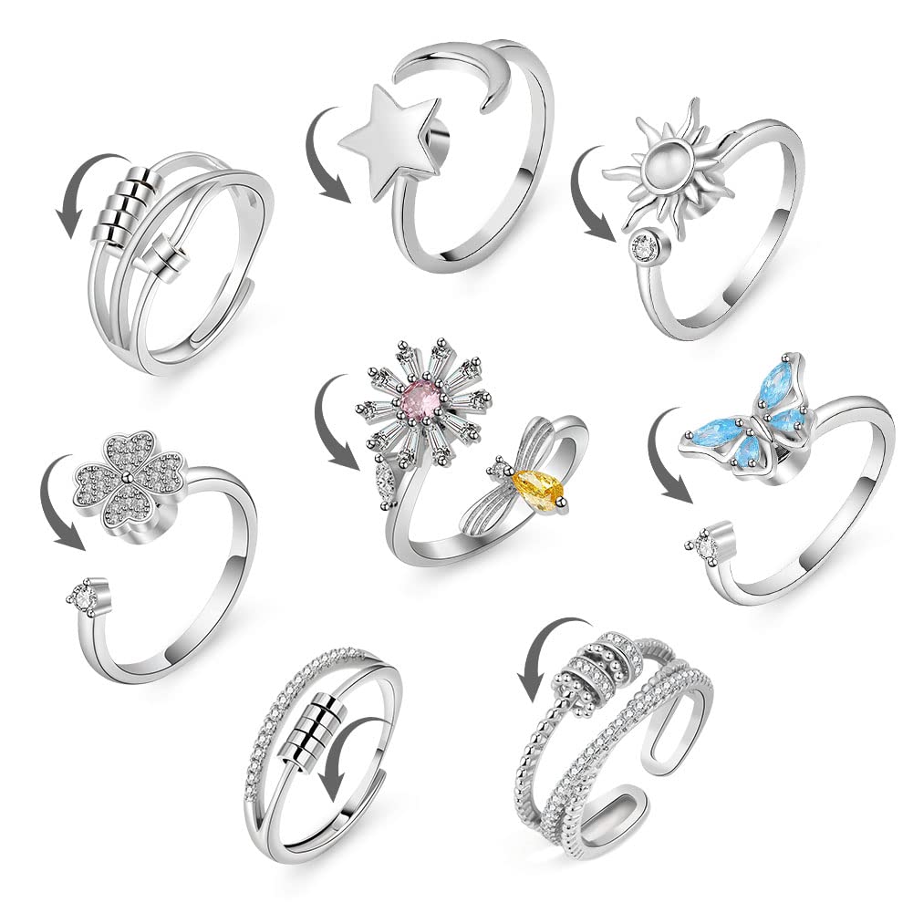 Aucuu Angst Spinning Ringe für Damen, Kupfer-versilberter Damenringe, Offener Ringe Fidget Spinner Ringe, Zirkonia Zappelringe, Verstellbare Stapelbare für Stress Abbauen