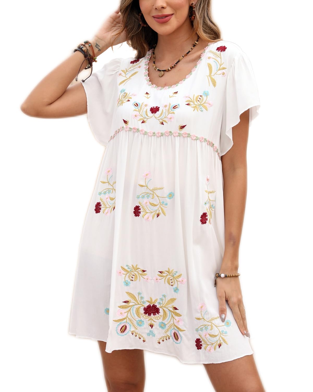 Mexican Embroidered Dress for Women Mini Boho Dresses Hippie Floral Ethnic Vintage Embroidery Traditional Drape Tunic Dress