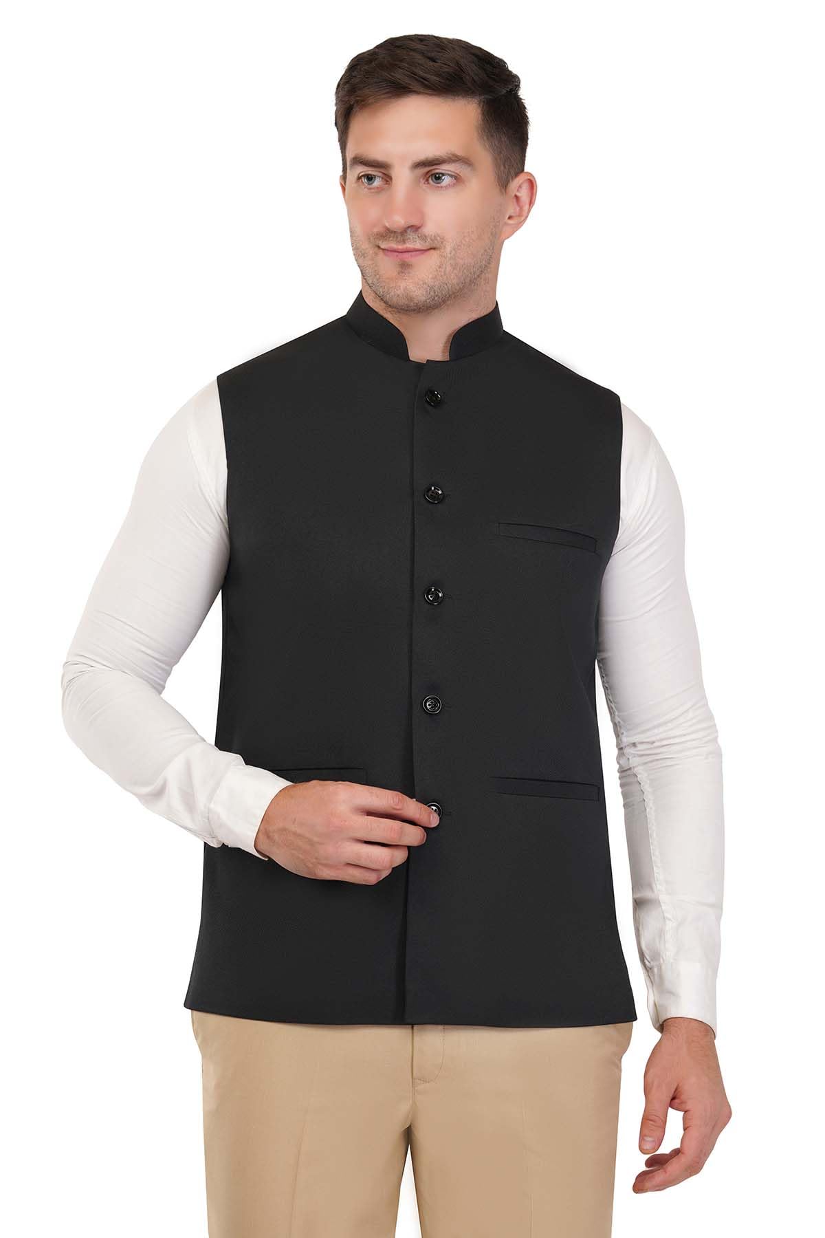 Men's Black Solid Nehru Jacket Waistcoat - Formal & Casual