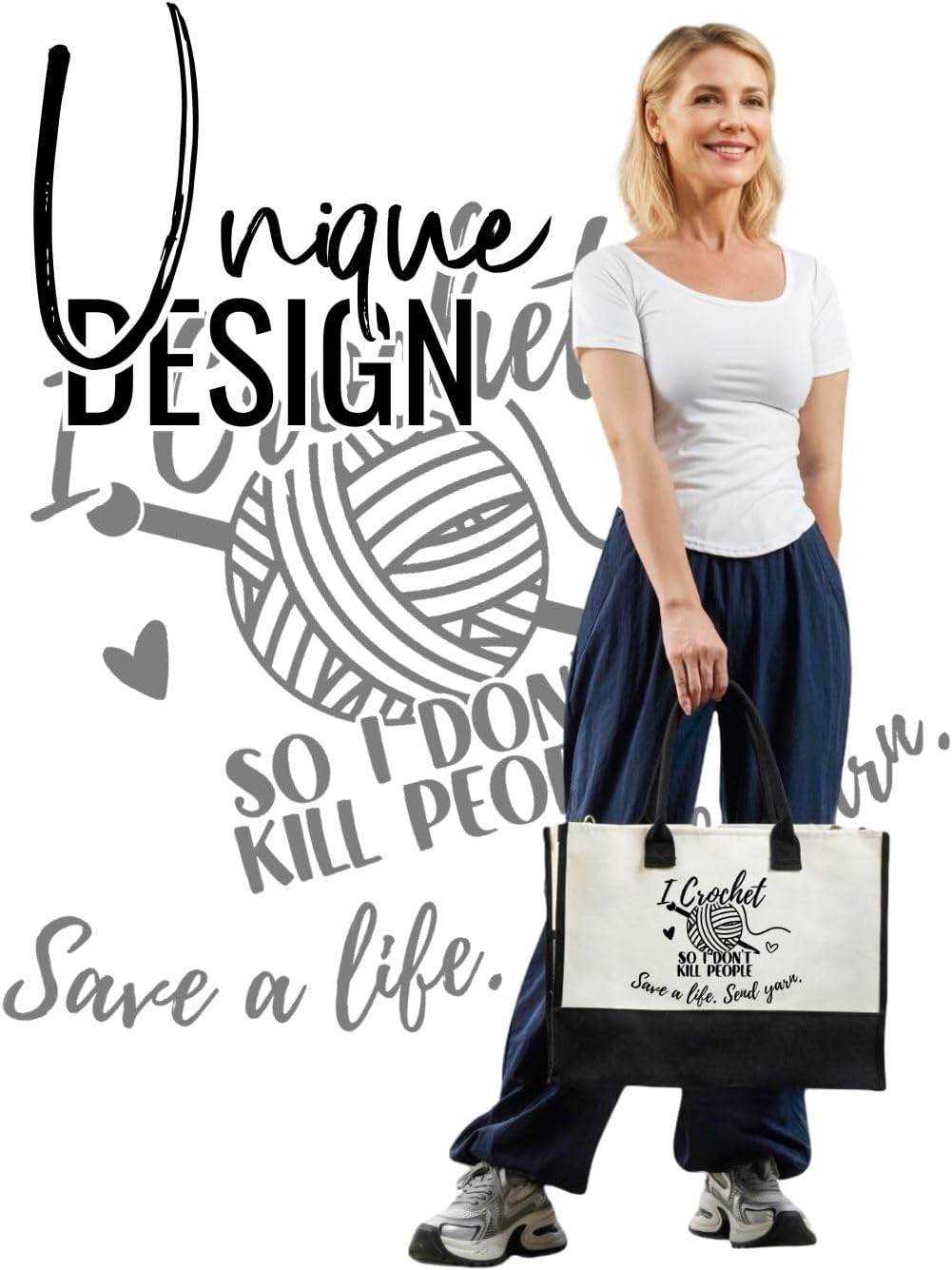 InnoBeta Funny Crochet Gifts for Women, Crochet Gifts Canvas Tote Bag with Makeup Bag, Top Zipper Closure for Crochet Lovers on Mother's Day, Birthday, Christmas - Yarn - Image 4