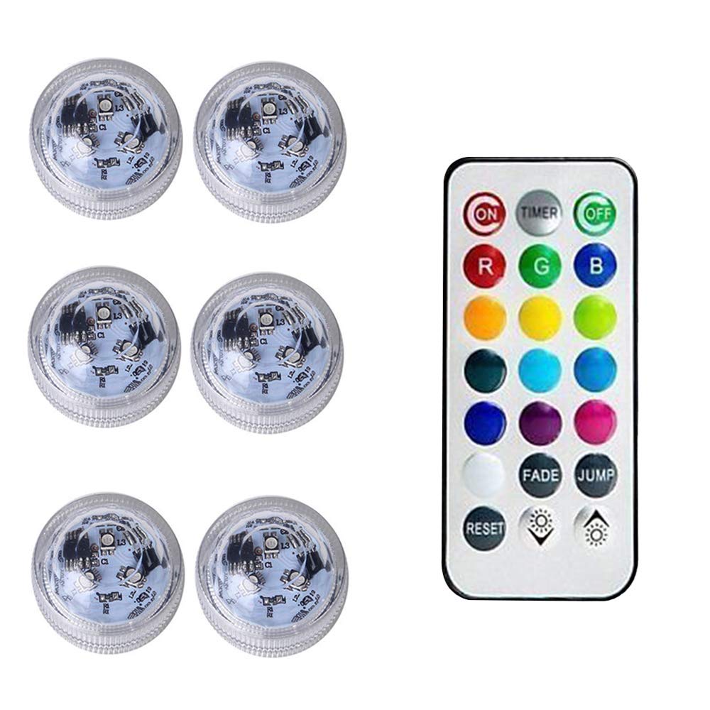 QTER 6 Pack Waterproof Underwater Light, Submersible LED Lights with Remote Control RGB 13 Color LED Pond Lighting for Vase Base, Bath Tub, Decoration