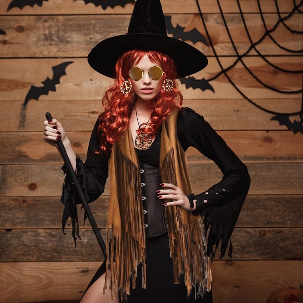 Seasboes Vêtements hippie pour femme, années 60 et 70 - Ensemble d' accessoires vestimentaires - Gilet à franges, lunettes de soleil, bandeau, boucles d'oreilles, collier - Tenue disco pour carnaval