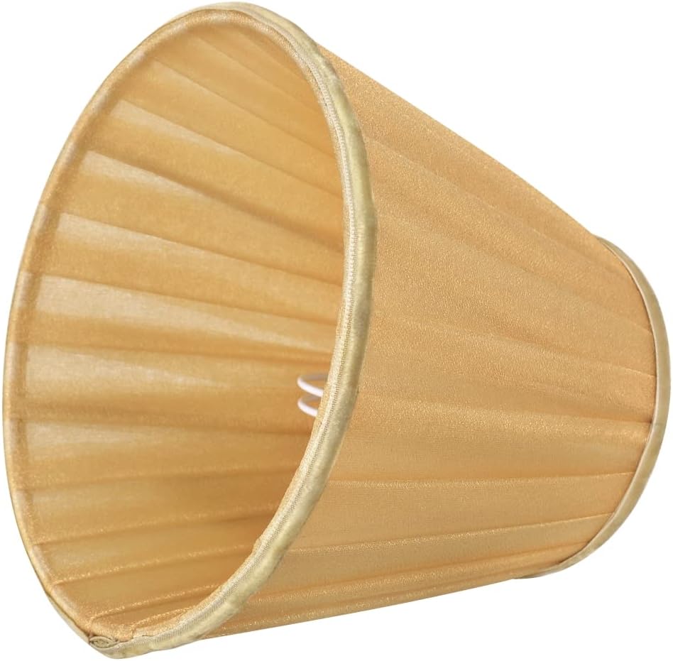 Condition photo showing New/Like New for aspen creative 33113 small pleated empire shape chandelier clip-on lamp shade, gold, 3" top x 5" bottom x 4-1/4" slant gold 6