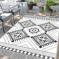 Waterproof Outdoor Rug 5x8ft, Boho Reversible Plastic Straw Mat for Patio RV Deck Porch Backyard Balcony Camping Picnic Beach Indoor Outdoor Carpet, Black&White