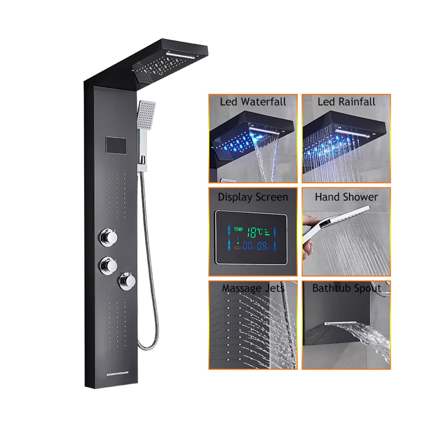 Soywim A Black Shower System, Led Shower Panel Bath Faucet Temperature Digital Display Tub Body Massage System Jets Tower Column(A Black)