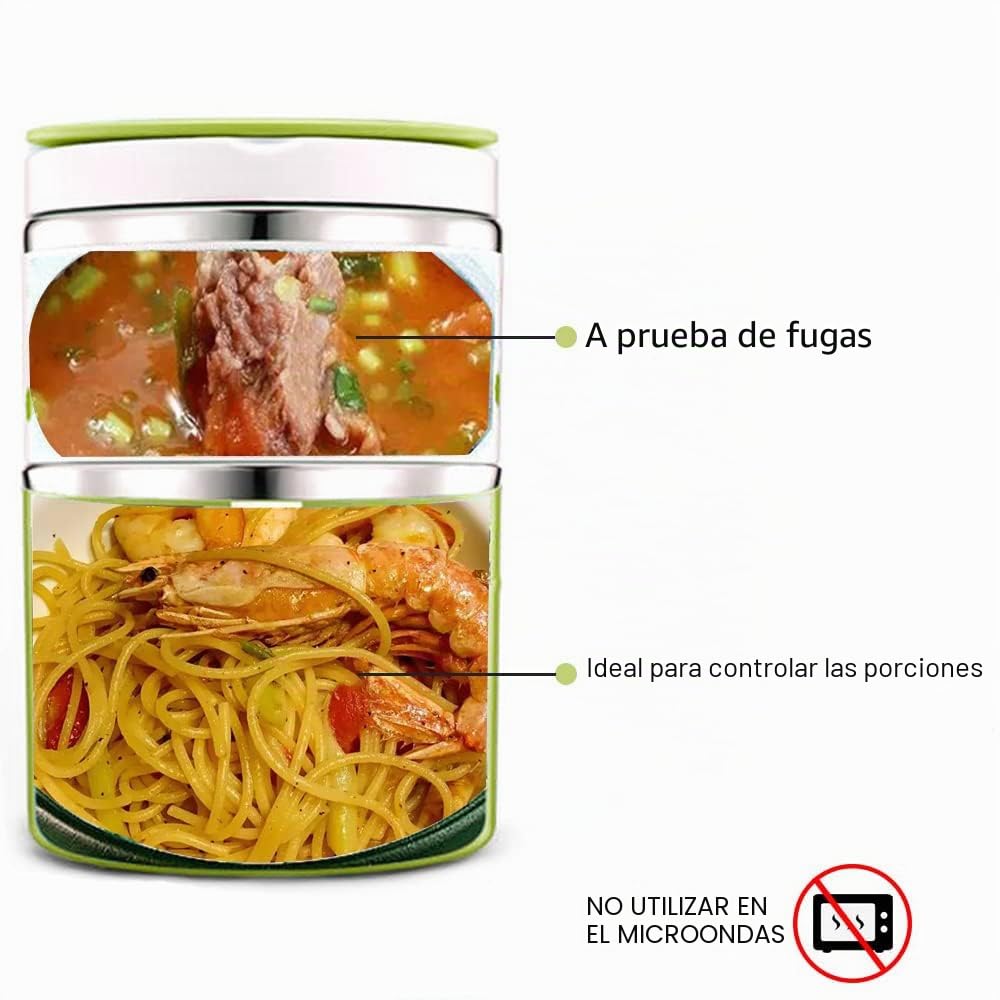 Lille Home Termo Almuerzo de Acero Inoxidable Aislado al Vacío, 2 Niveles | Caja térmica de 950ml apilable para comida o aperitivos. Incluye bolsa de almuerzo portátil. Segura, hermética y sin BPA
