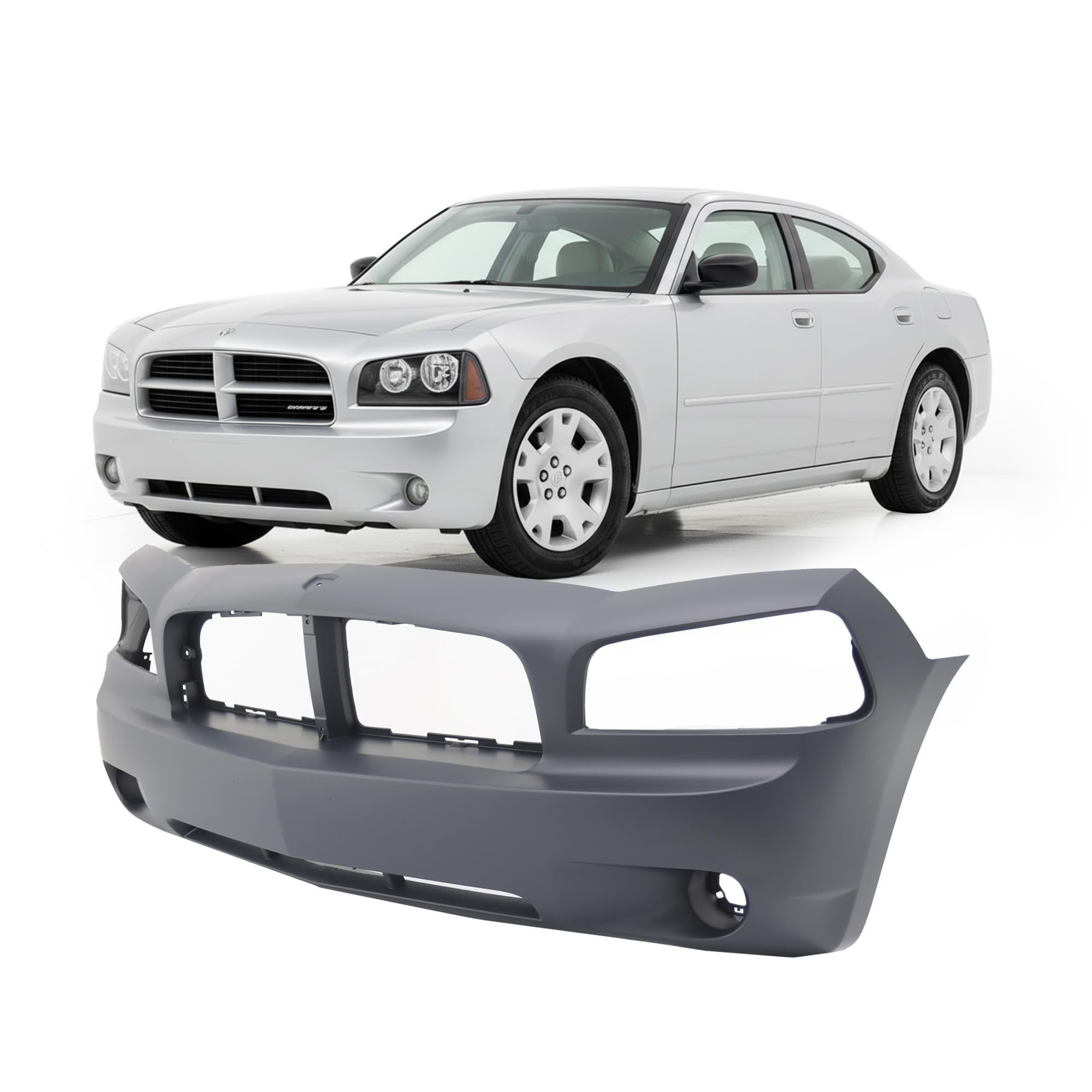 Compatible With Front Bumper Cover 2006-2010 Dodge Charger SE SXT Sedan 06-10. New, Primed and Ready for Paint. With Fog Light Holes. CH1000461 4806179AE 2007 2008 2009