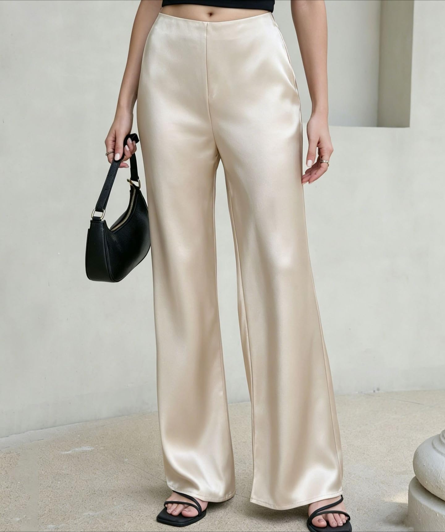 Pantaloni da donna in raso a gamba larga pantaloni a gamba larga per le donne | Pantaloni eleganti a vita alta in tinta unita con cintura elastica nascosta pantaloni lunghi fluidi leggeri casual da lavoro