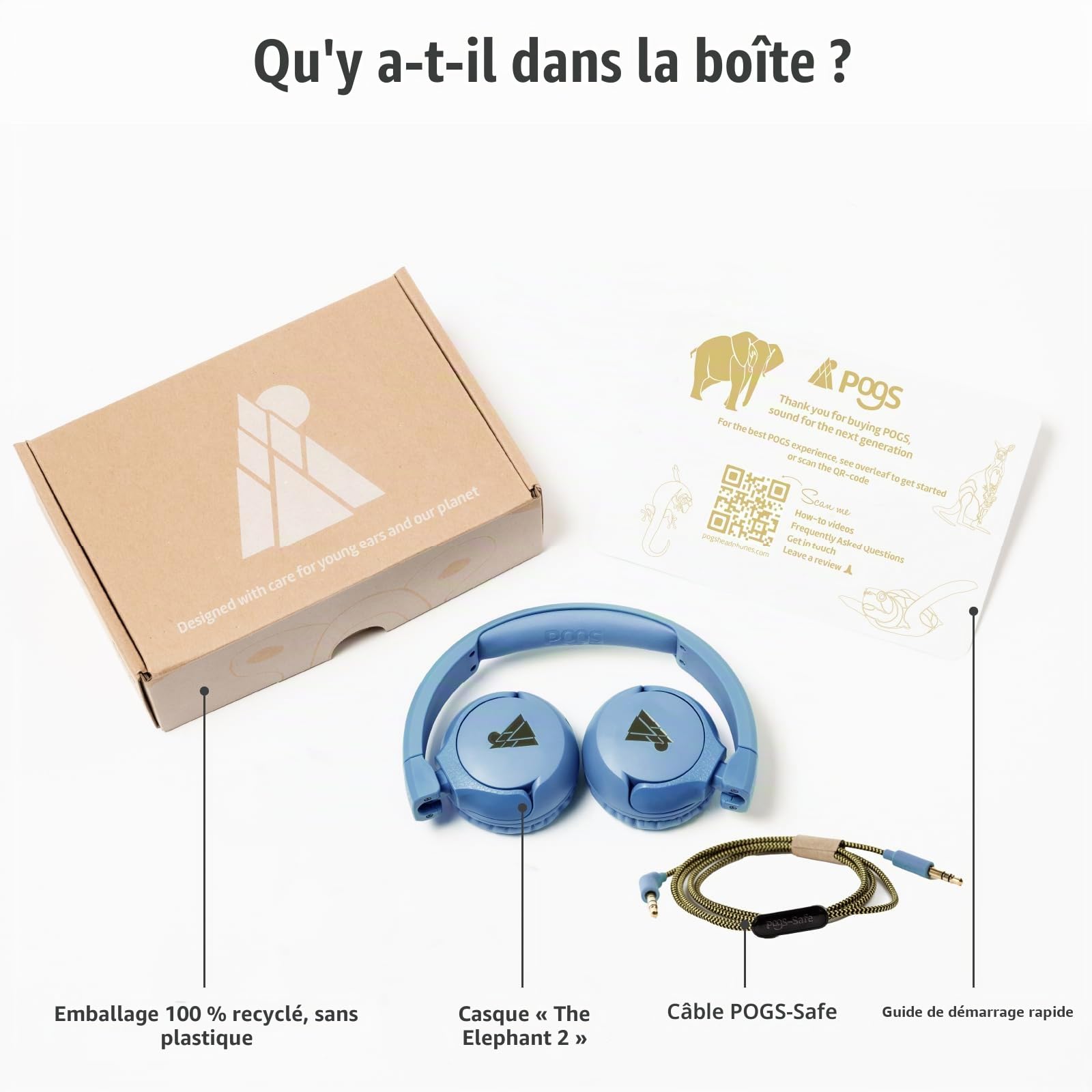 POGS Casque filaire pour enfants | The Elephant 2 | Casque réglable et durable pour enfants de 3 ans et plus | Limité à 85 dB, microphone | Casque sur-oreille | Fonction de partage de musique Câble
