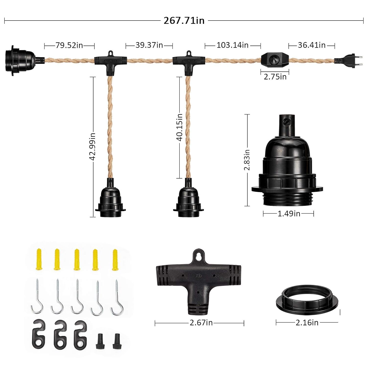 Interruptor regulable con cable textil industrial moderno juego de lámparas de araña con 6,8 M de largo casquillo E27 para dormitorio accesorios de iluminación doméstica 3 portalámparas sin bombilla