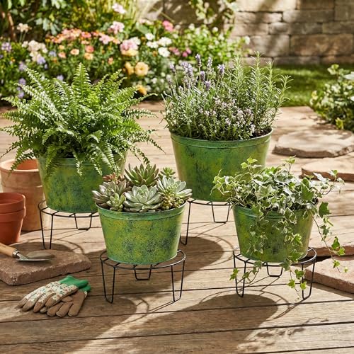 Image of Plant Stand Set of 4, Round Metal Flower Pot Holder, Black