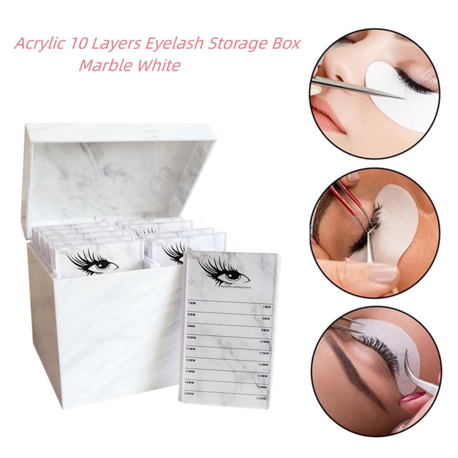 Boîte de rangement à 10 couches en acrylique pour extensions de cils, maquillage, faux cils, colle - Présentoir emballé avec 10 palettes (blanc marbre)