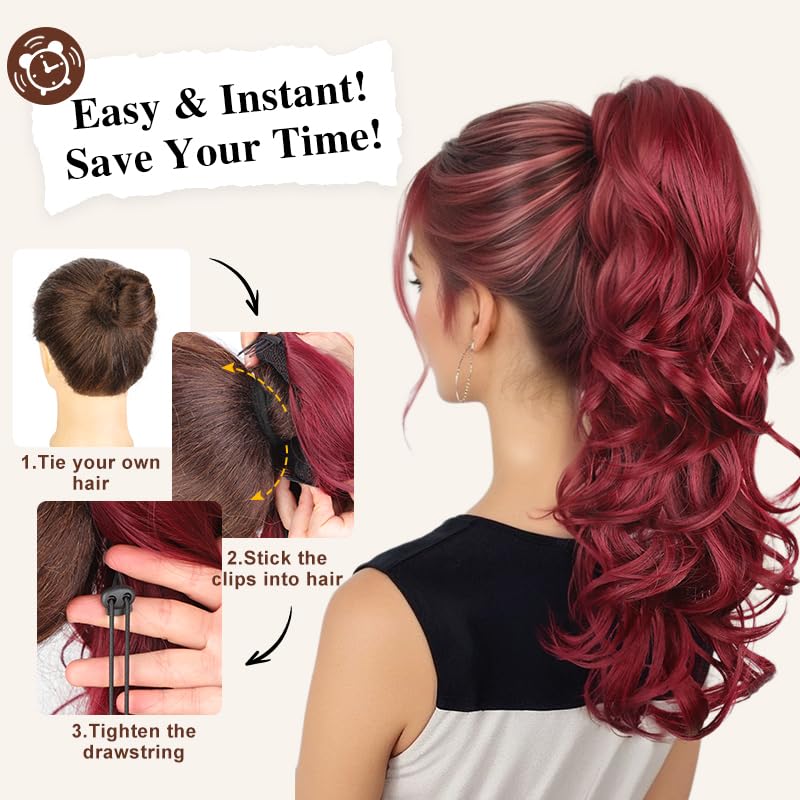 HMD Long Wavy Ponytail Extension 24 Inch Curly Drawstring Ponytail Synthetic Hairpiece for Women Fluffy Natural Looking Hair for Daily Party