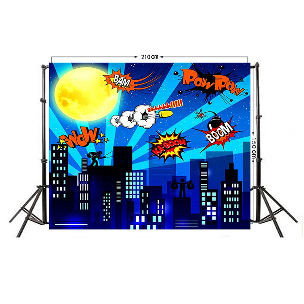 Sfondo di Supereroi,Supereroe Compleanno Foto Sfondo 2,1 x 1,5 m Cityscape Backdrop Per Bambini Festa Fotografia Sfondo