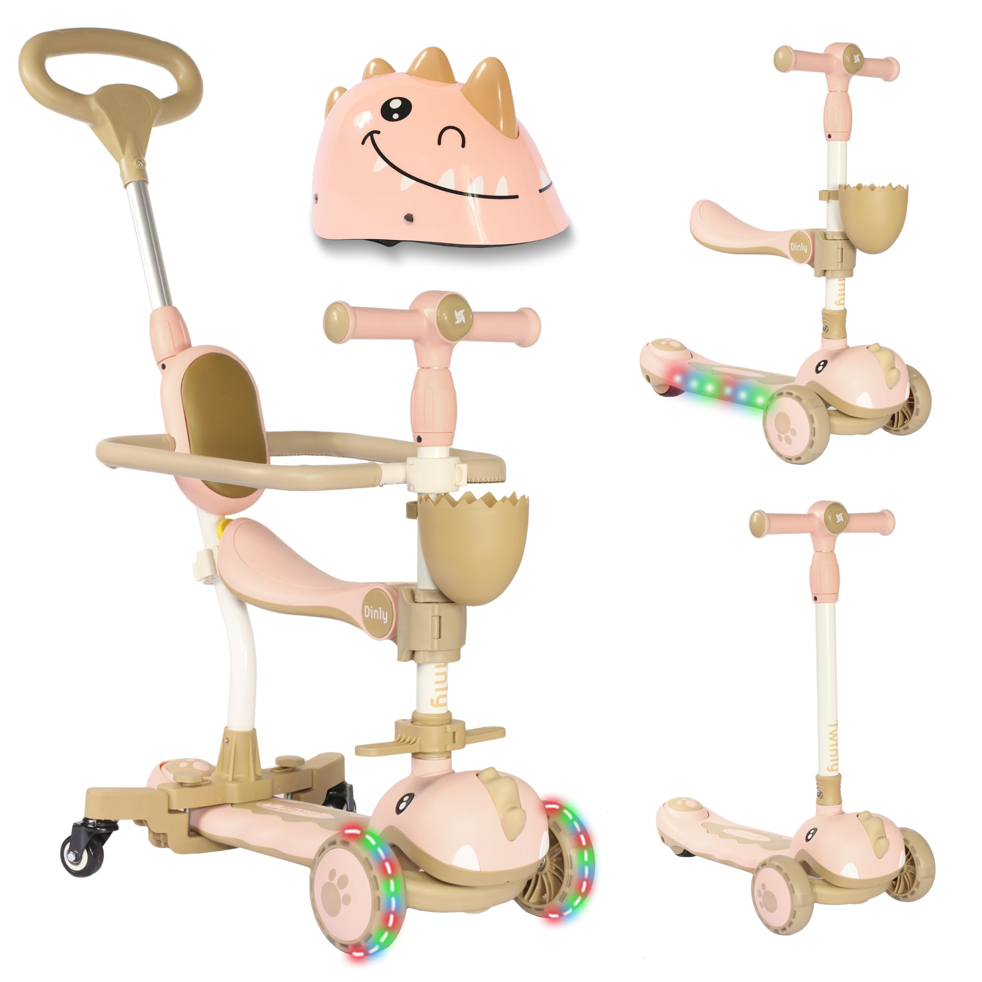 Twinly – Patinete Evolutivo 3 en 1 DINLY con Asiento y Manillar Ajustable | Triciclo, Correpasillos y Scooter LED Infantil, Bici de Equilibrio, Casco Incluido, 1–6 Años, hasta 30 kg (Rosa)