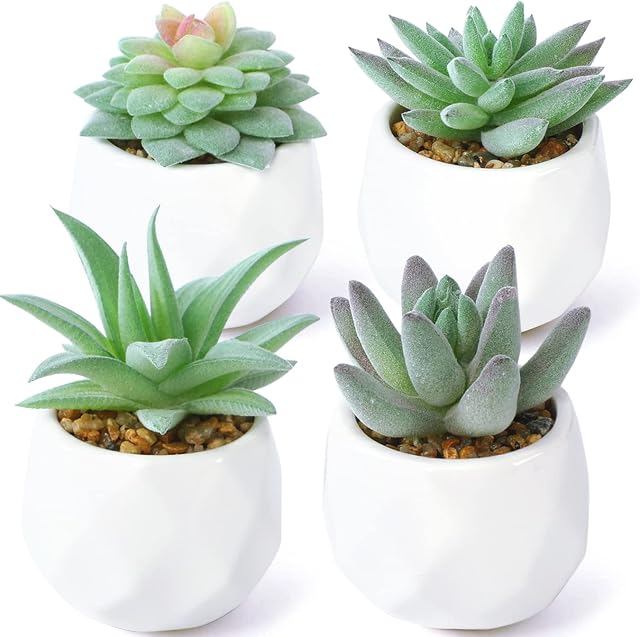ALAGIRLS Mini Fake Succulents in Pots Set of 4 - Decorative Artificial Plants Indoor - Lifelike Faux Plastic Plants in Mini White Plastic Pots for Bedroom Office Bathroom Home Kitchen Decor, Green