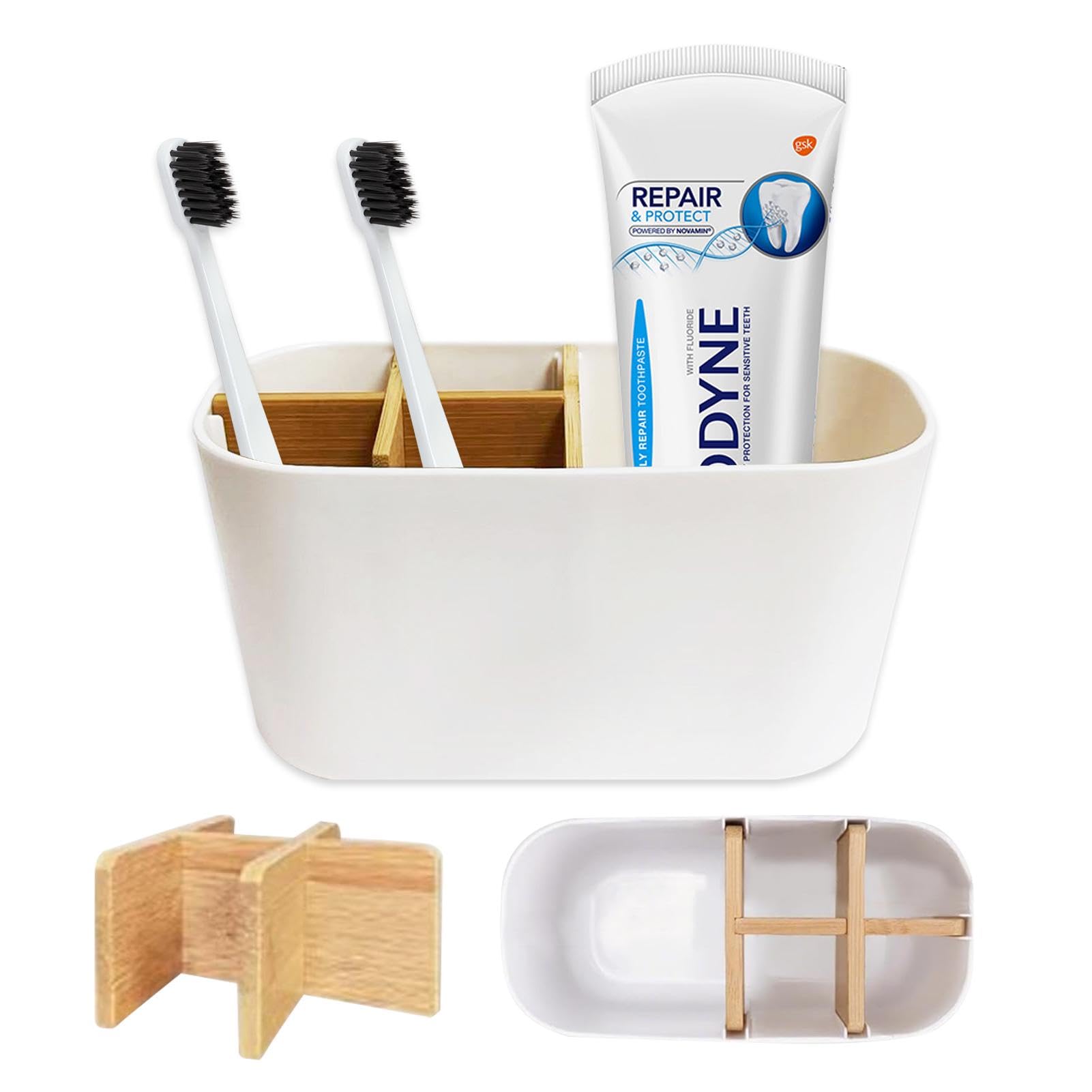 Bamboo Toothbrush Holder for Bathroom, Electric Toothbrush and Toothpaste Holder, Toothbrushs Caddy Organizer, 5 Compartments Detachable Toothbrushs and Toothpaste Holder for Family(COLOR:White)