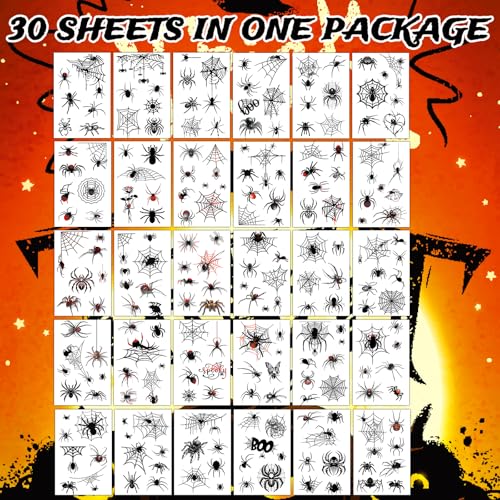 Image of 30 Sheets 200+ PCS Halloween Face Tattoos Realistic 3D Spider Web Fake Tattoos for Kids Halloween Temporary Tattoos,Halloween Spider Web Temporary Tattoos Halloween Makeup Kit for Women Adults