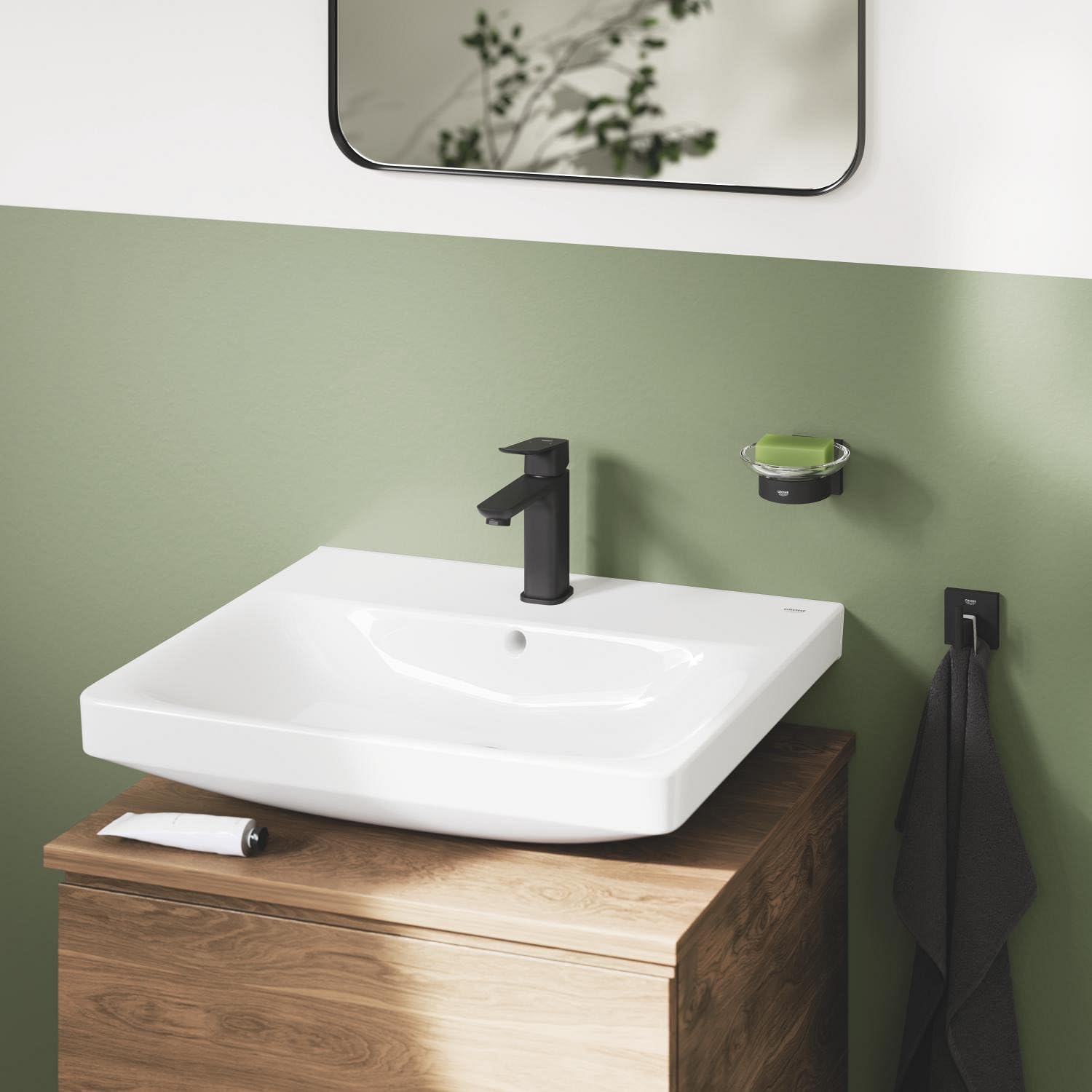 GROHE Dice Grifo Monomando de Lavabo M con Vacío Automático (Cartucho Cerámico 28 mm, Ahorro de Agua, Conexiones 3/8", Fácil de Instalar QuickTool Incluido) Negro Mate, 1018322430