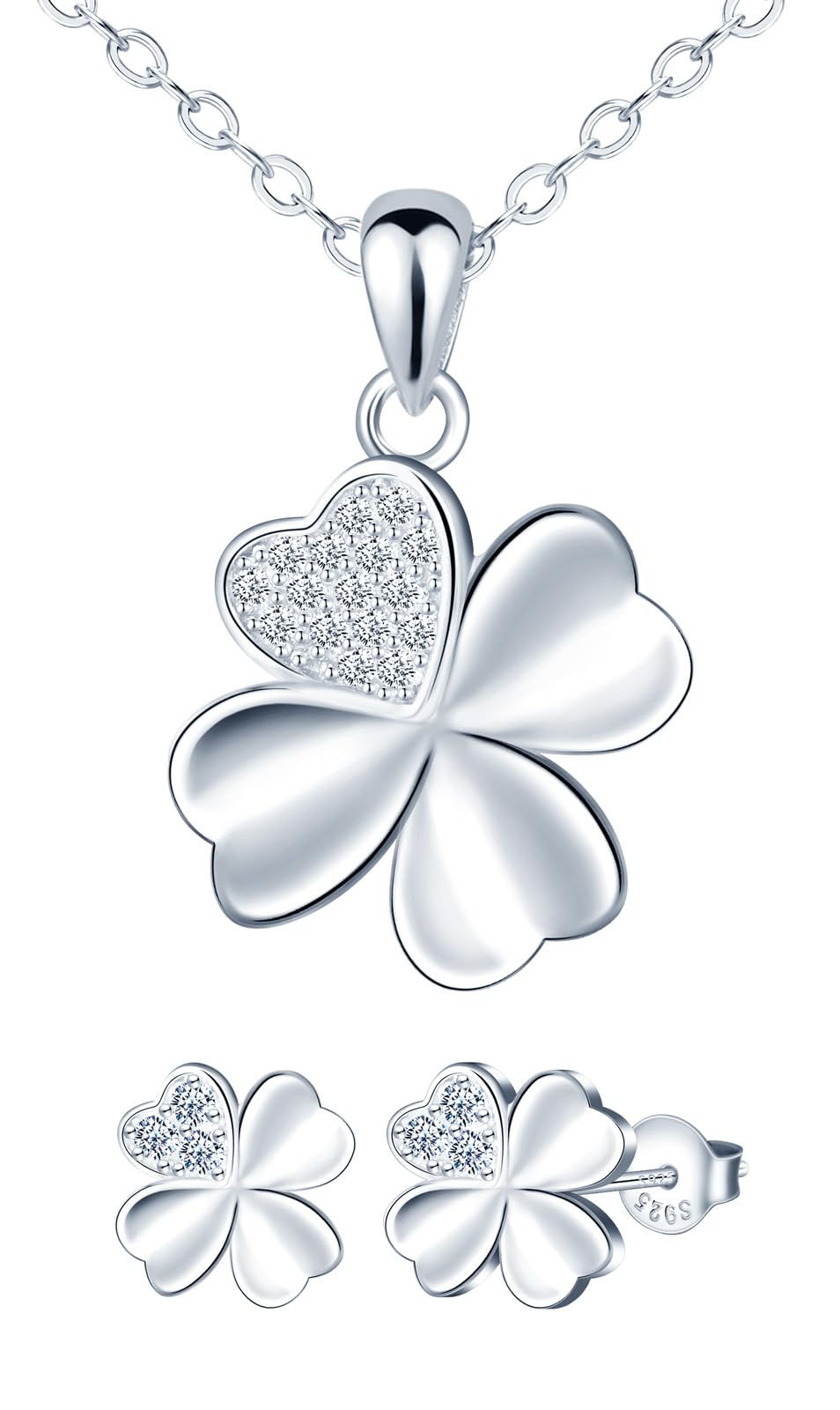 Pendientes y Collar de Trébol con Circonita para Mujer Niña, Conjuntos de Joyas de Plata de Ley 925 Collar con Colgante y Pendientes de Hoja de Trébol, Elegante de joyas