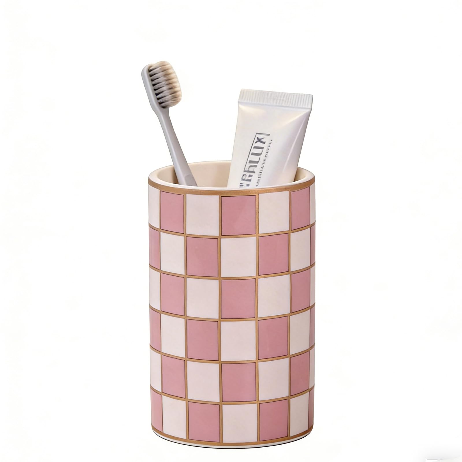 Ceramic Checkered Toothbrush Holder with Gold Stripe, Black & White Grid Bathroom Organizer for Toothbrushes & Toothpaste, Multi-Functional Desktop Pen Holder Decor (Pink)