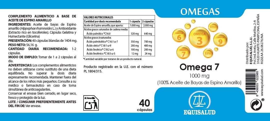 Equisalud - Omega 7 de Aceite de Bayas de Espino Amarillo 1000mg | Hidratación de Piel y Mucosas con Omega 3, 6 y 9 - Cómodo Formato de 40 Perlas