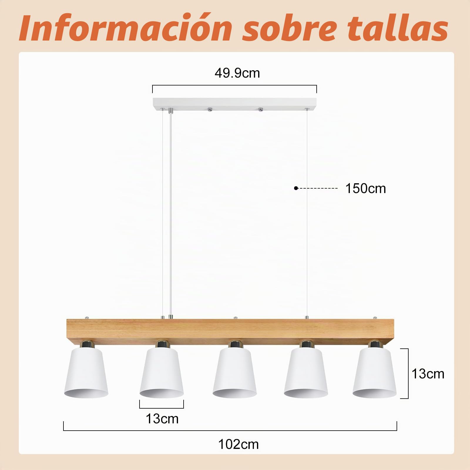 ZMH Lámpara colgante de madera con 5 luces para comedor | Estructura de metal y madera con altura ajustable incluye 5 bombillas de luz blanca cálida para salón o cafetería