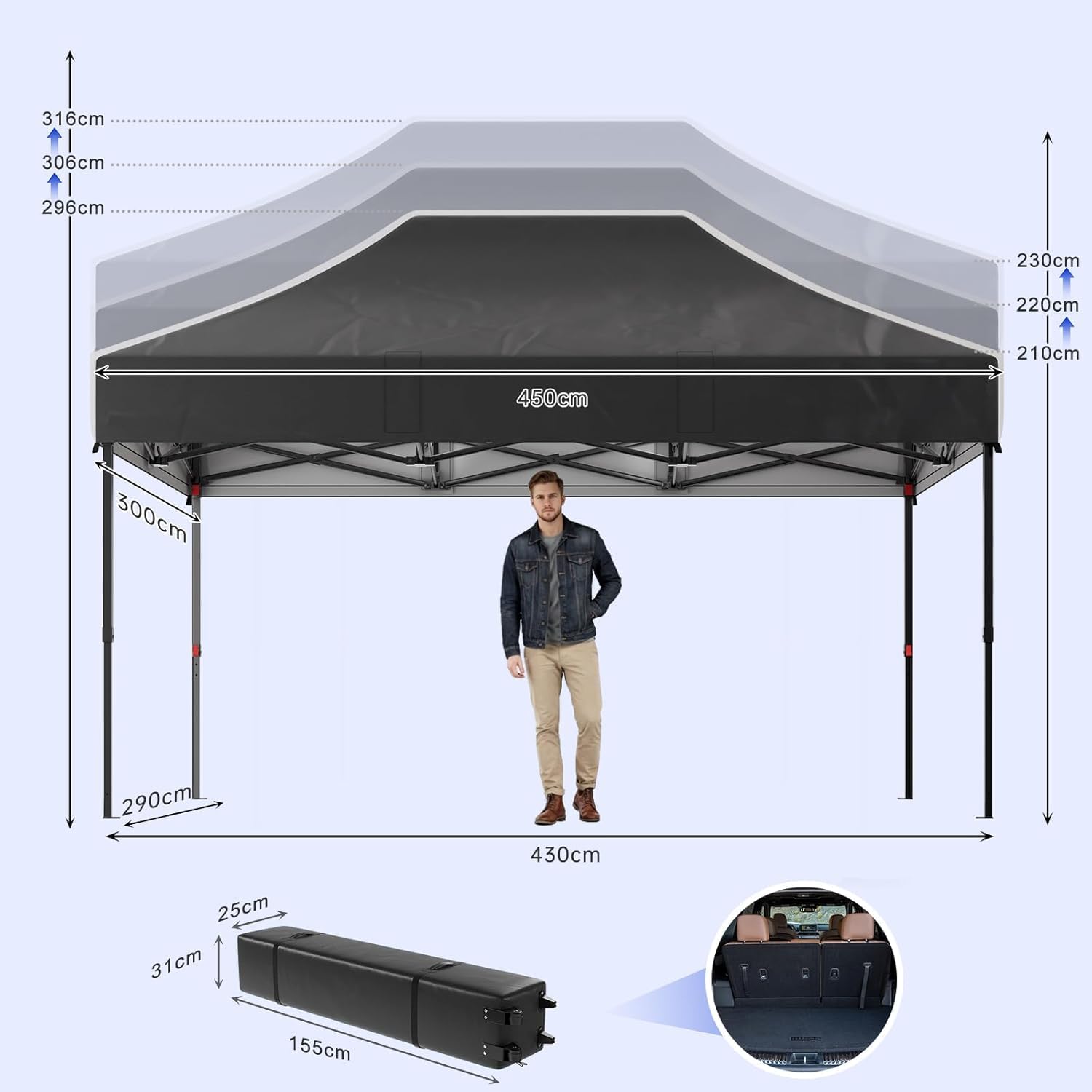 JUMMICO Tonnelle Pliante 3x4.5m avec Parois Latérales Toit Pointu pour Jardin Camping
